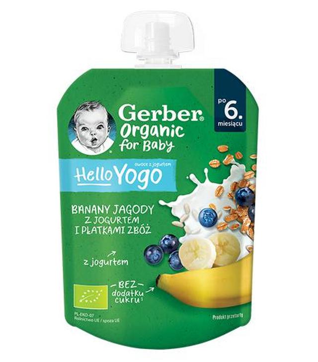 Gerber Organic For Baby Hello Yogo Deserek banany jagody z jogurtem i płatkami zbóż po 6. miesiącu, 80 g - ważny do 2025-02-28